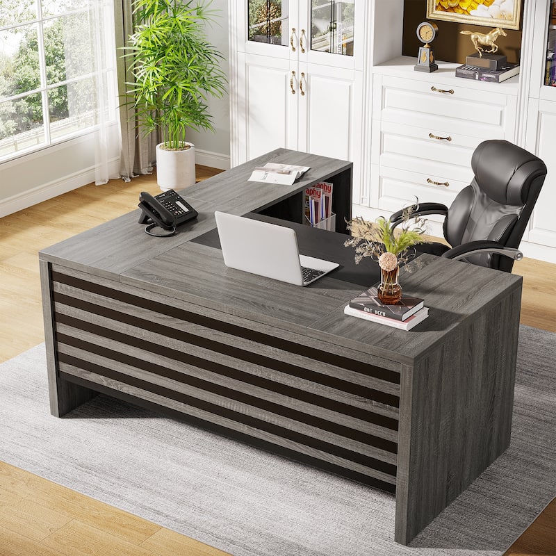 Large Executive Desk with Mobile File Cabinet, 62.2" L-Shaped Office Desk Business Workstation Set