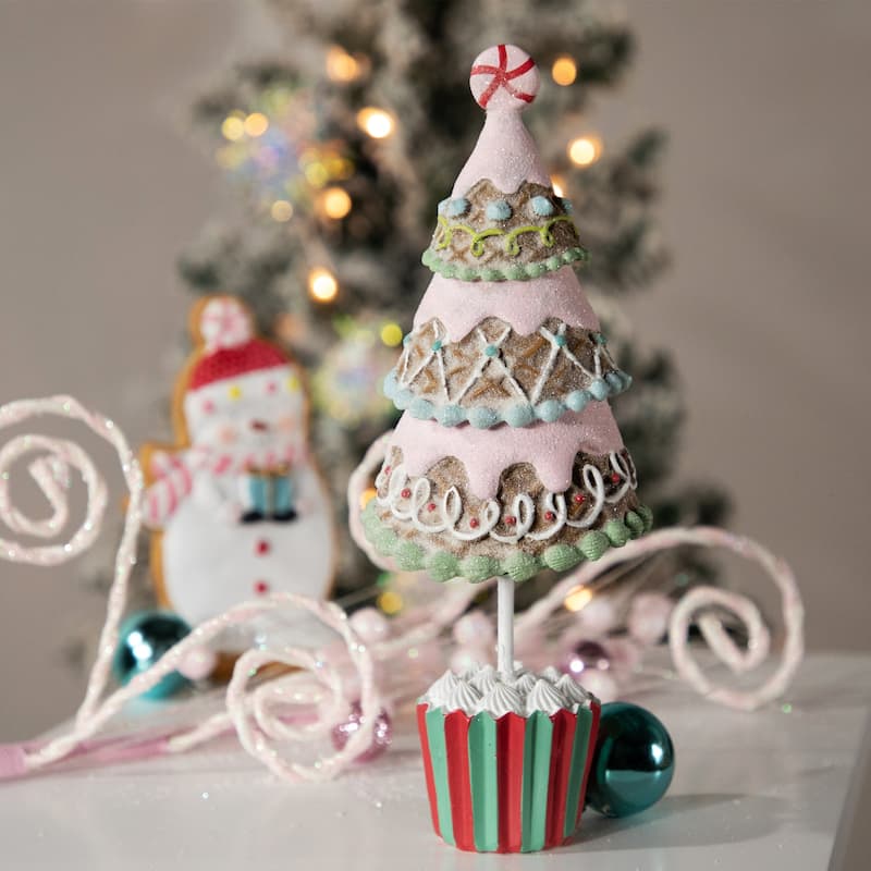 10.25" Pink Frosting and Waffle Cone Christmas Cupcake Tree Tabletop Centerpiece