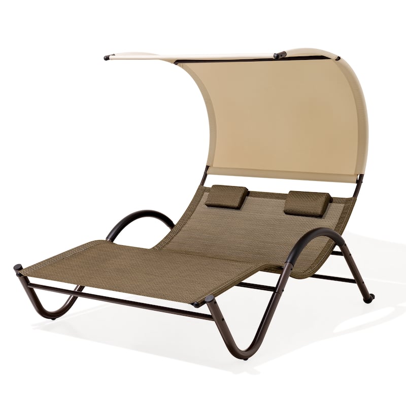 Outdoor Double Chaise Lounge Chair Double Sun Bed Lounger with Canopy Shade & Wheels - 72.83" D × 54.33" W ×65.35" H