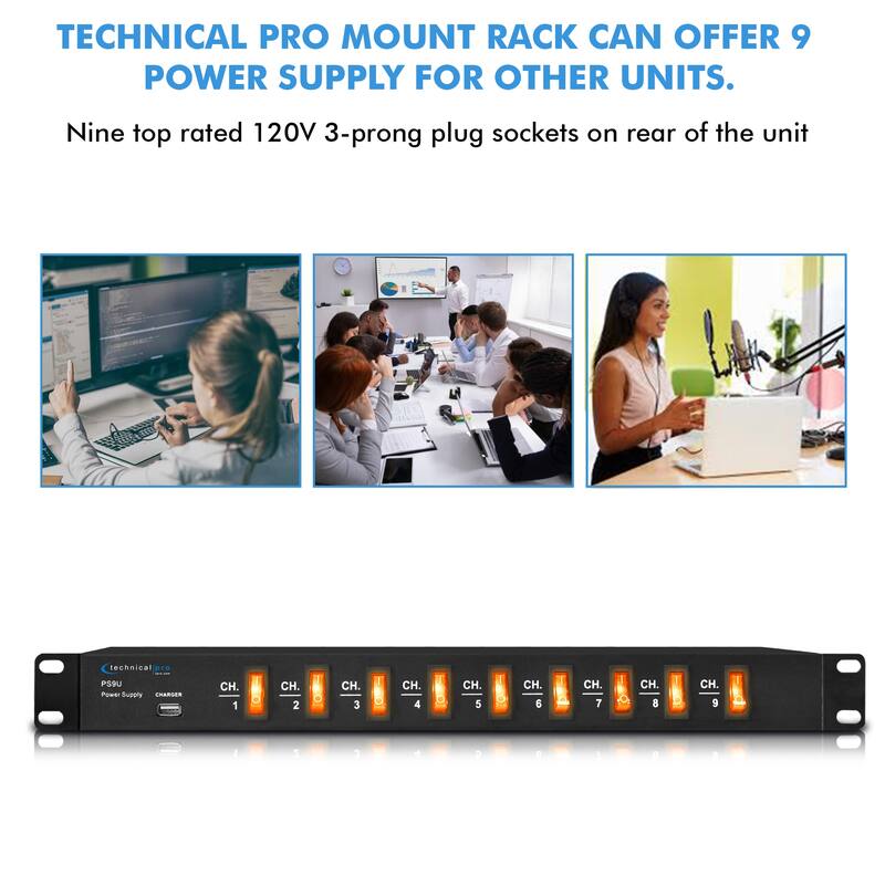 Technical Pro 1800 Watts Rack Mount Power Strip with 5V USB Charging Port, 9 power switches, Heavy Duty Electric Extension Cords