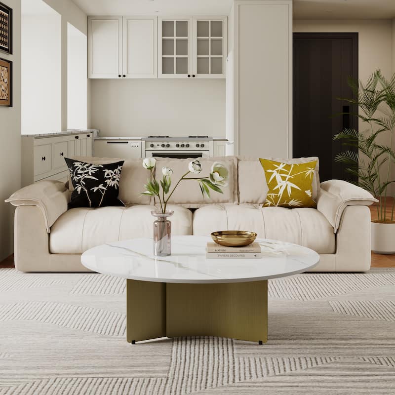 35.43" Modern Round Coffee Table, White Glossy Sintered Stone Table top, Stainless Steel Legs