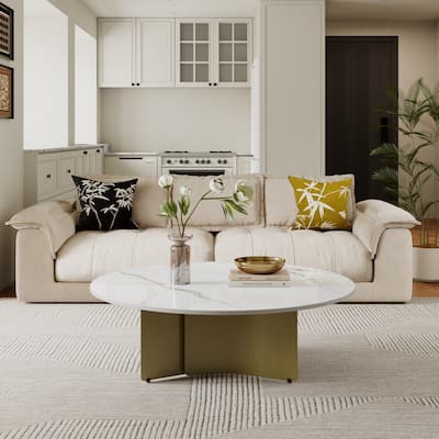 35.43" Modern Round Coffee Table, White Glossy Sintered Stone Table top, Stainless Steel Legs
