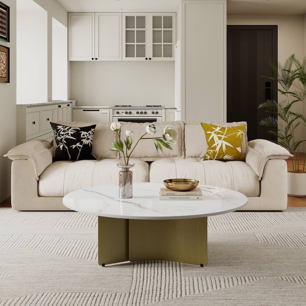 35.43" Modern Round Coffee Table, White Glossy Sintered Stone Table top, Stainless Steel Legs