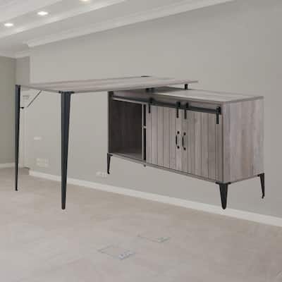 Stylish L-Shaped Writing Desk in Gray Oak & Black or Rustic Oak & Black, with Sliding Barn Door and Metal Legs