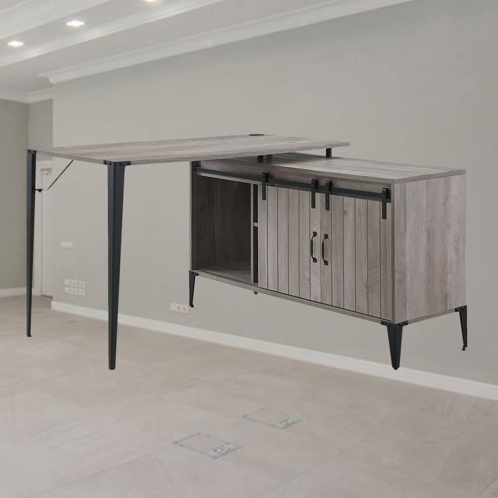 Stylish L-Shaped Writing Desk in Gray Oak & Black or Rustic Oak & Black, with Sliding Barn Door and Metal Legs
