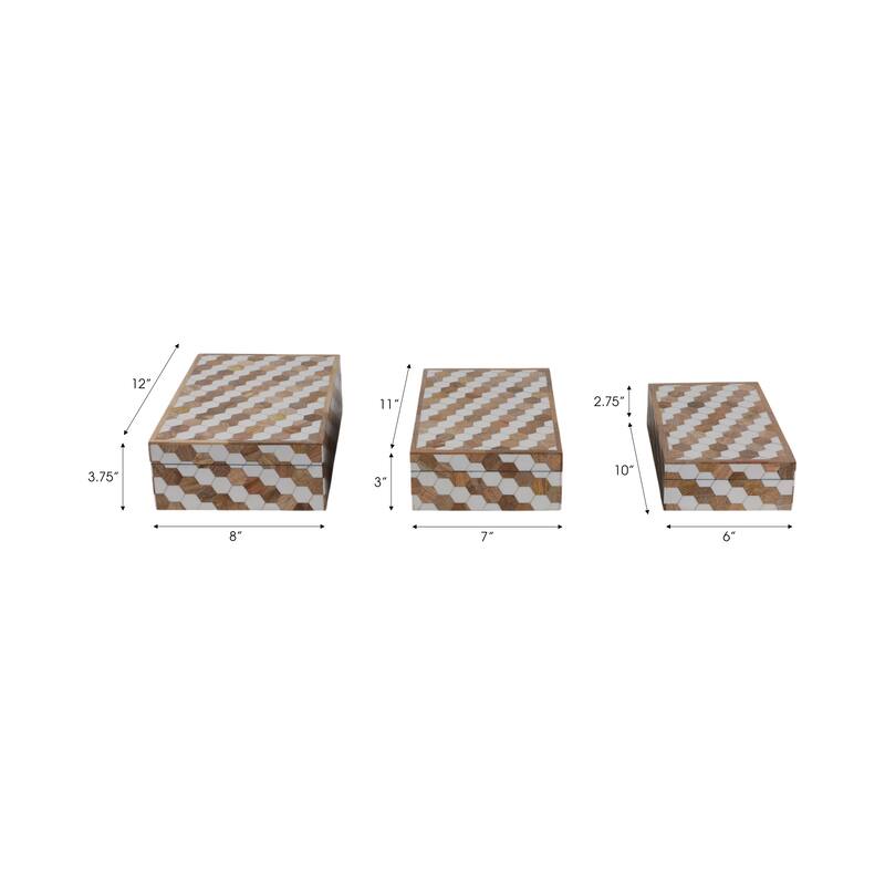 Wood Storage Boxes Geometric Inlay Modern Accent Decor (Set of 3) - 12" x 8" x 3.75"