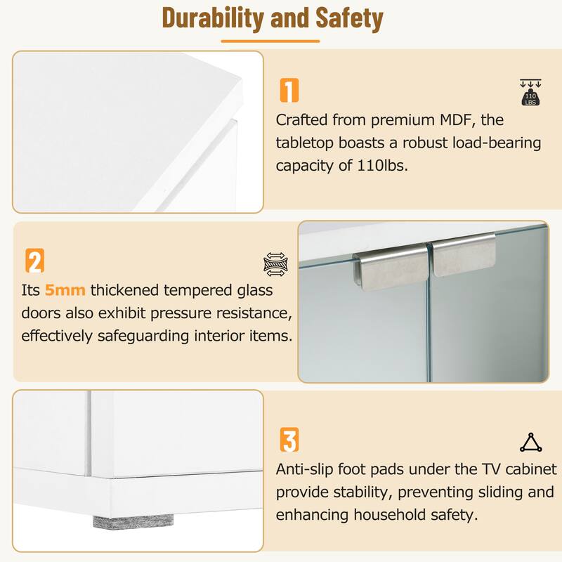 Modern APP Controlled LED TV Stand for TVs up to 105" with Faux Marble Top, Tempered Glass Doors, 2 Drawers & Cabinets, White