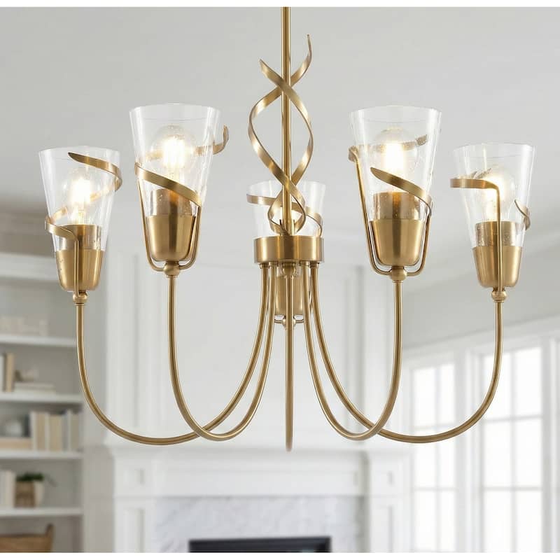 26" French Country Gold Seeded Glass 5-Light Dimmable Chandelier for Dinning Room