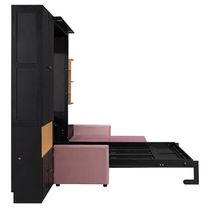 Queen Murphy Bed with Sofa and Cabinets Space Saving Sofa Wall Bed with Open Shelves and Dual Lights for Living Room Guest Room