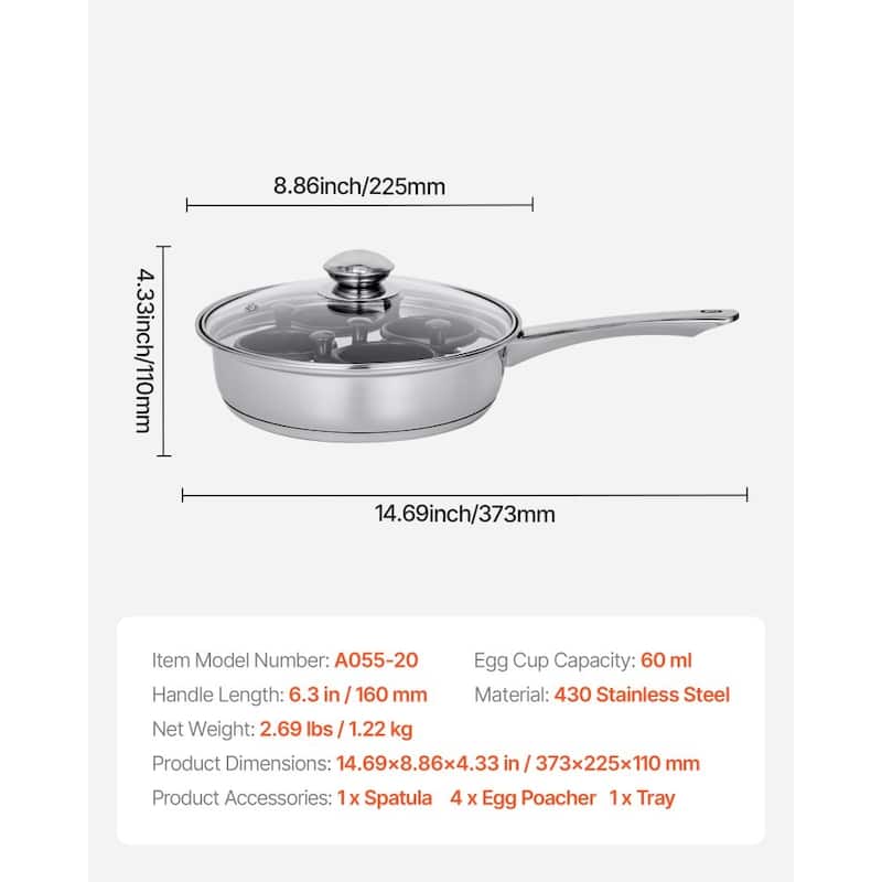 Silver Stainless Steel Egg Poacher Pan with 4 Cups and Glass Lid - 14.69 x 8.86 x 4.33 in