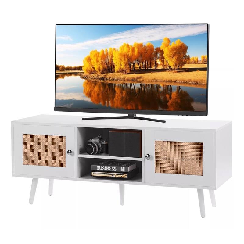 Rattan TV Stand for 55" Entertainment Center with Rattan Door White - 47 inches in width