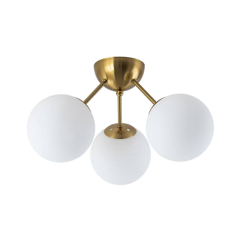 3-Light Brushed Brass Glass Globe Sputnik Semi Flush Mount