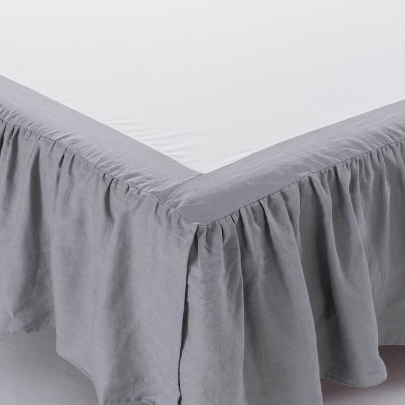 Linen Bed Skirt, 3 Side Linen Border, 16" Ruffled Drop, Twin, Queen, King, CK Size, White, Natural Color