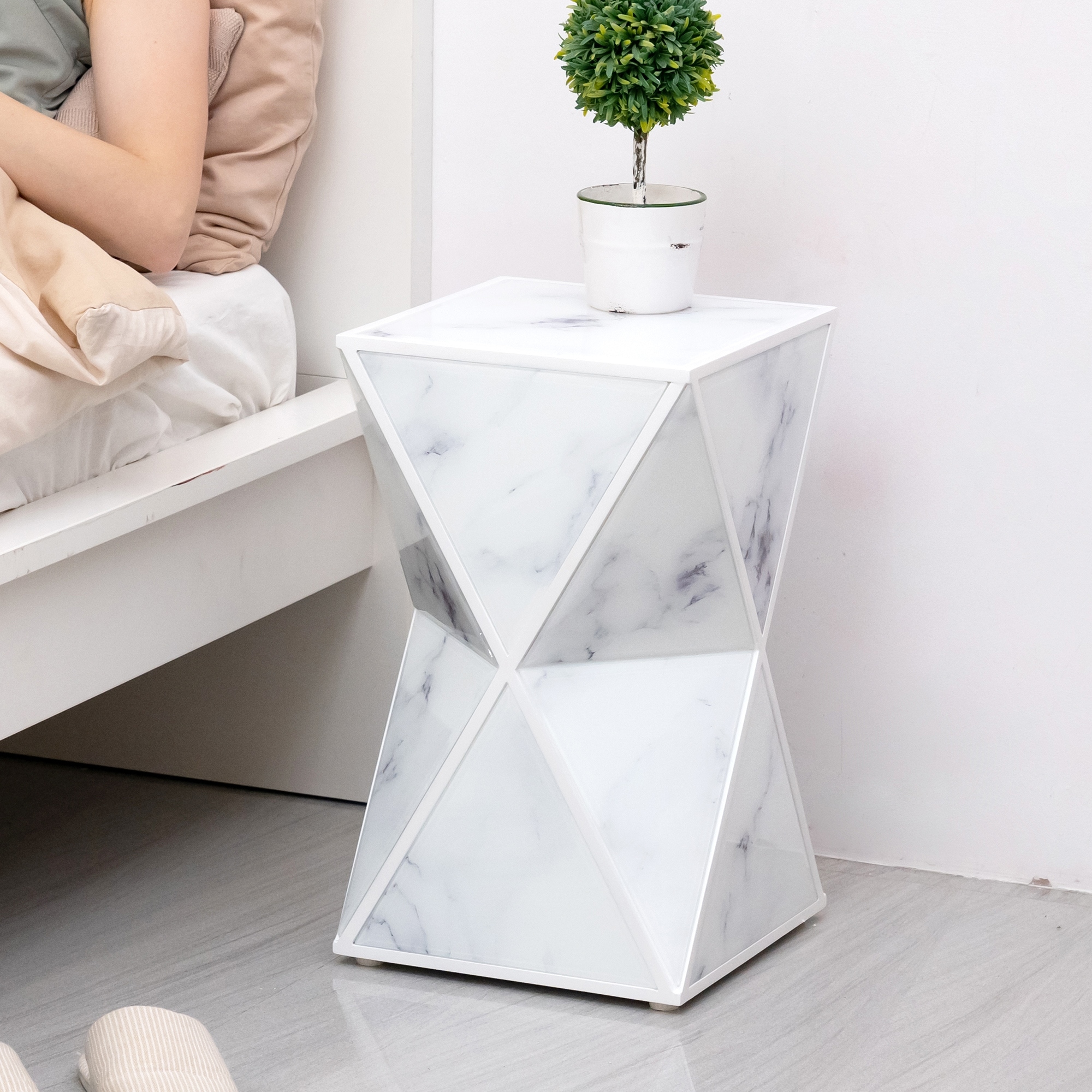 Classical Geometry End Table Marble Modern,luxury Marble Textured Glass & Mdf Frame,end Table
