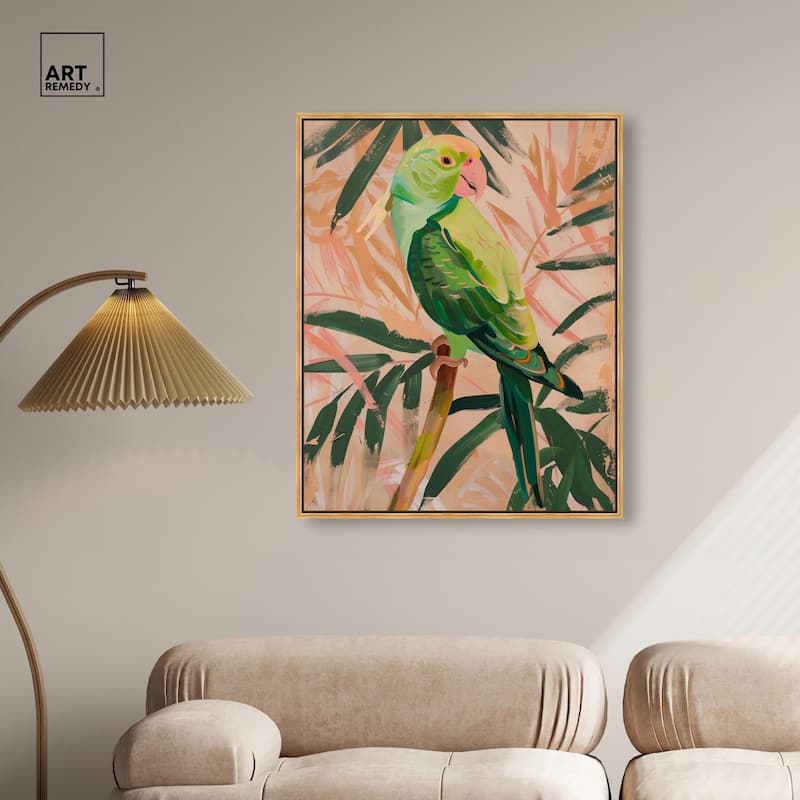 Coral and Green Parrot Canvas by Art Remedy