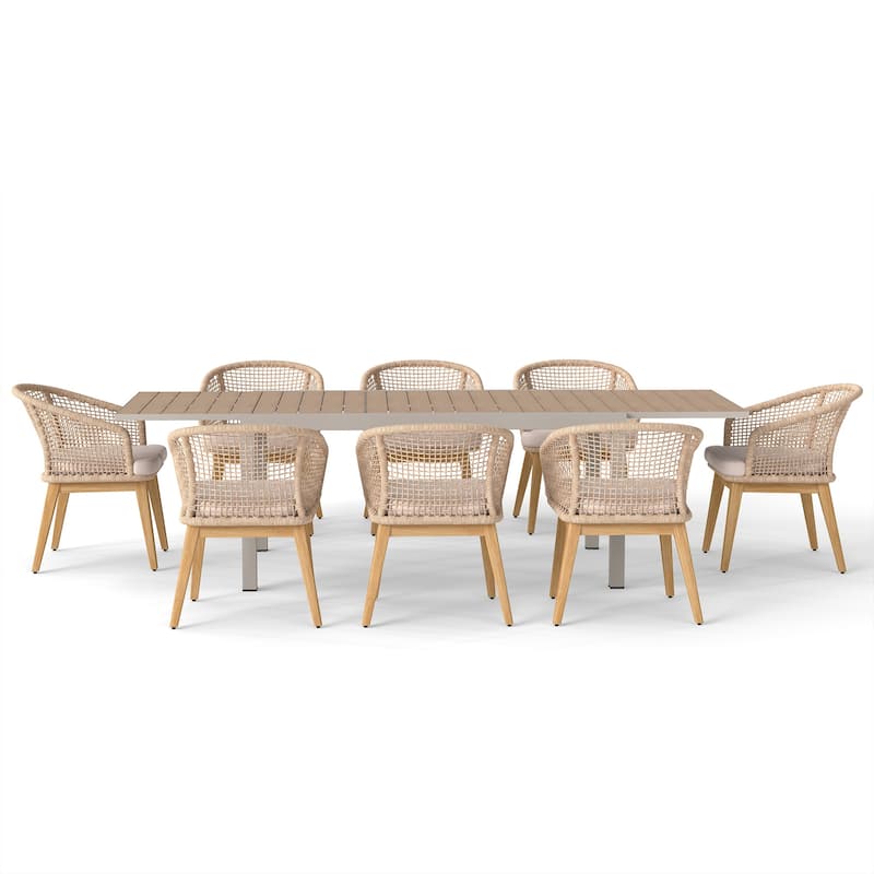 Extendable Outdoor Dining Set with Woven Rope Back Chairs with Cushions and All-Weather Aluminum Patio Table