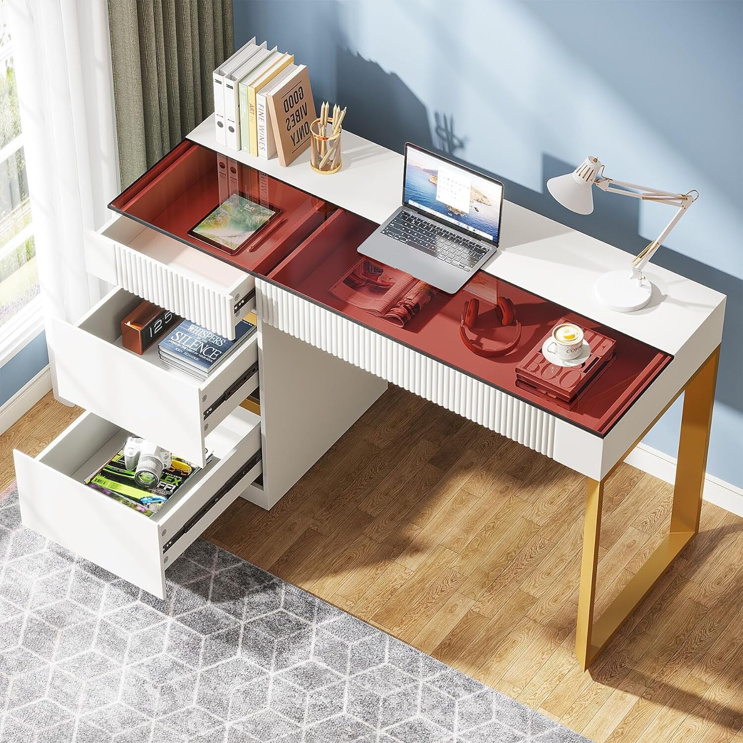 47 Inch Modern Computer Desk with 4 Drawers, Home Office Desk with