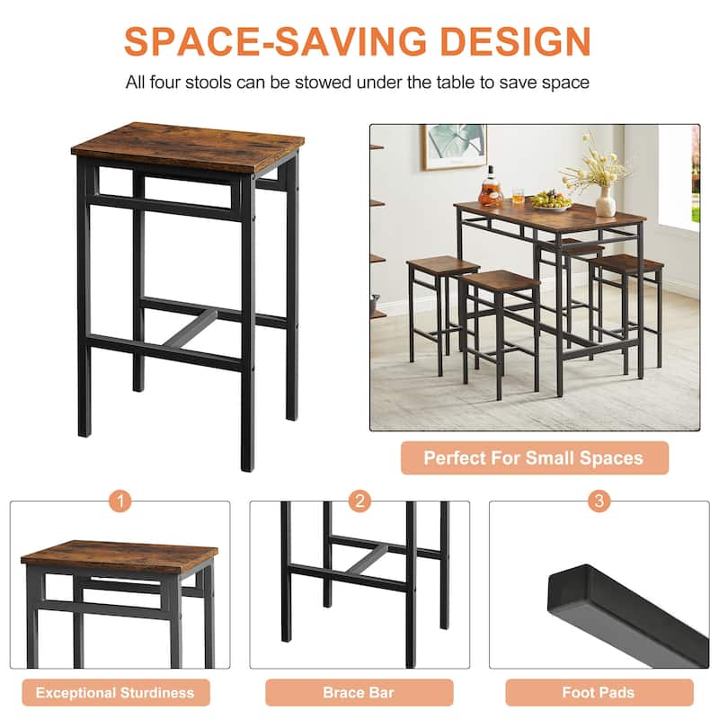 Bar table set 5PC Dinging table set with high stools, structural strengthening, industrial style
