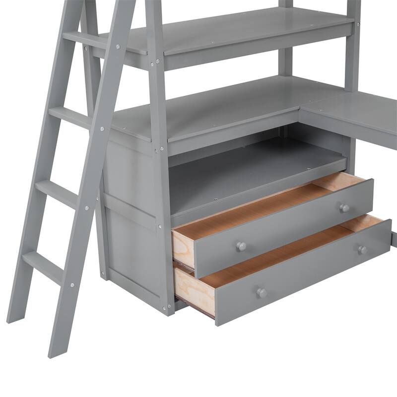 Merax Wood Loft Bed with Desk, Shelves and Drawers