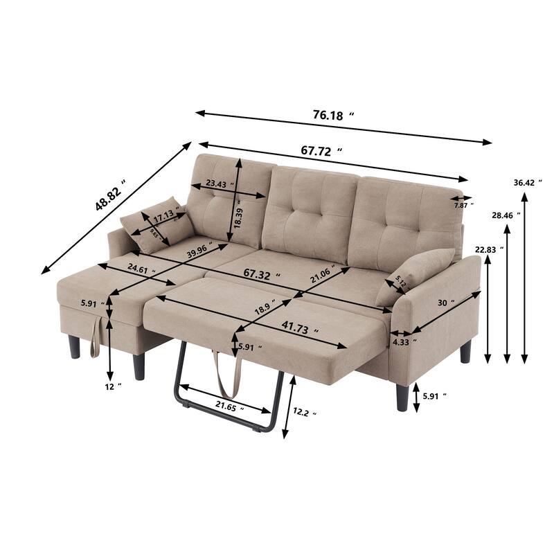 76.18" Upholstered Sleeper Pull Out Sofa Couch with Storage Chaise