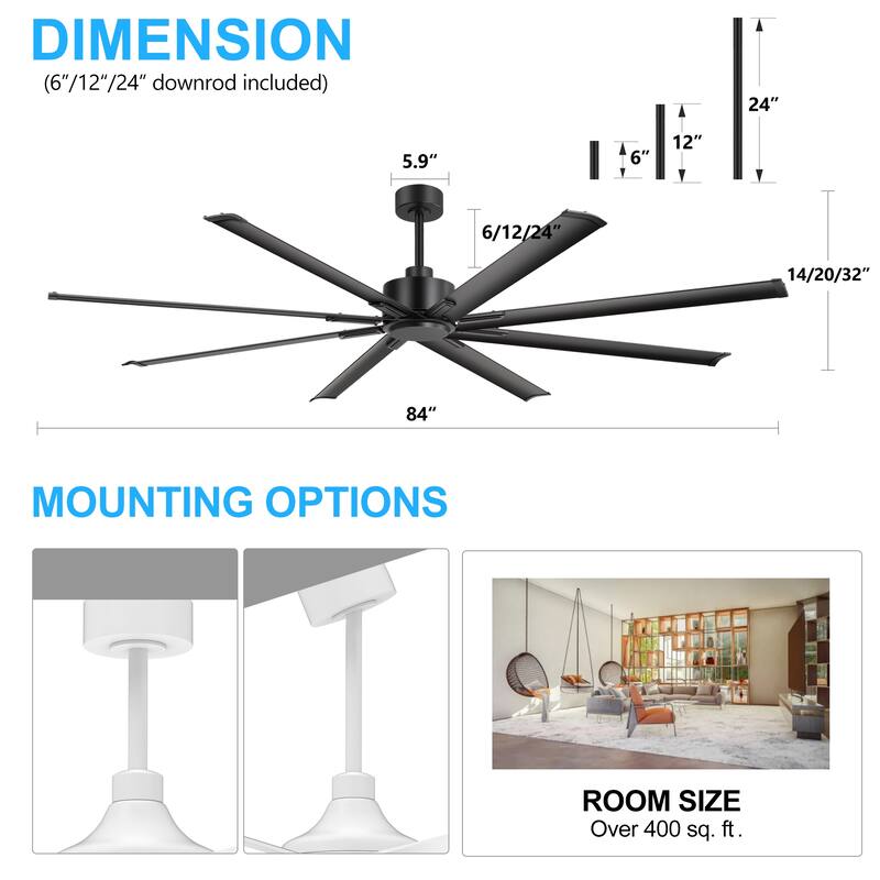 Large 72"/84"/96"/120" Black Ceiling Fan with Remote without Light-6/8 Aluminum Blades