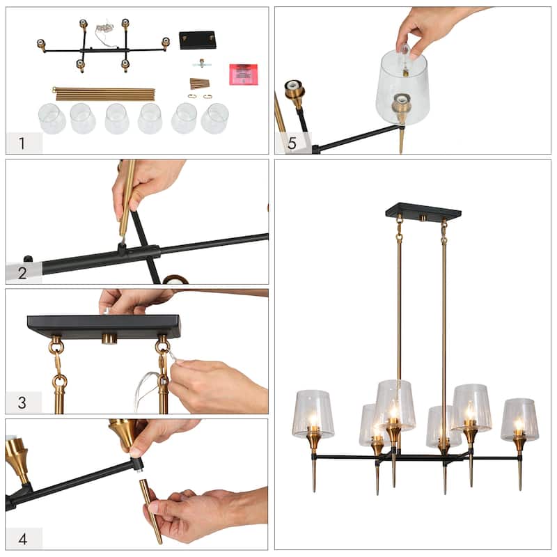 Modern Farmhouse 6-Light Black Gold Chandelier Seeded Glass Pendant Lights for Dining Room - L31.5'' x W15.5'' x H12''
