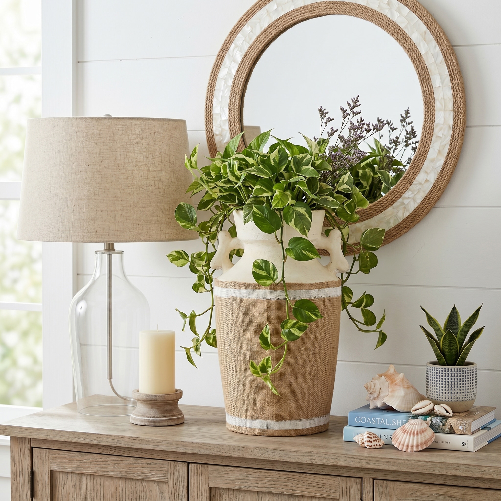 Decorative Vase - Ivory/Tan Ceramic Round Burlap Wrap, 18 in
