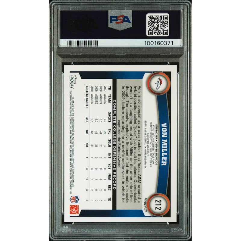 Von Miller 2011 Topps Chrome Orange Refractor Signed Card #212 Auto Graded PSA 9 - 8' x 11'