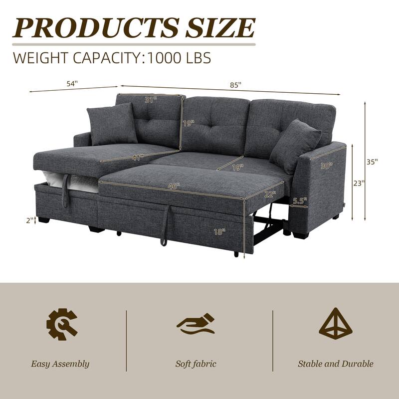 Polyester Upholstered L-Shaped Tufted Storage Modular Sleeper Sectional Sofa with 2 Pillows