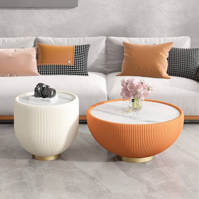 Light Marble Top Cup Shape Leather Coffee Table