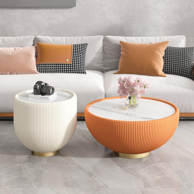 Round Drum Table Coffee Table with Marble Top, Modern Leather Side Table Accent Table with Brass Base - Gold,marble,Orange