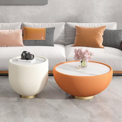 Round Drum Table Coffee Table with Marble Top, Modern Leather Side Table Accent Table with Brass Base