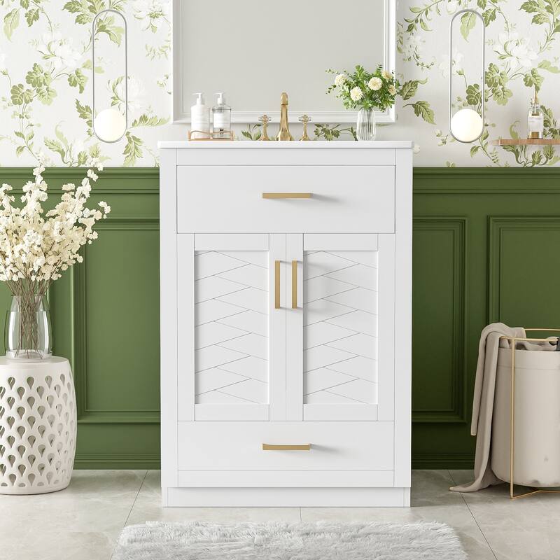 24" Bathroom Vanity with Integrated Ceramic Sink, Bathroom Cabinet with 2 Doors, 1 Tip-out Drawer, Single Sink - White