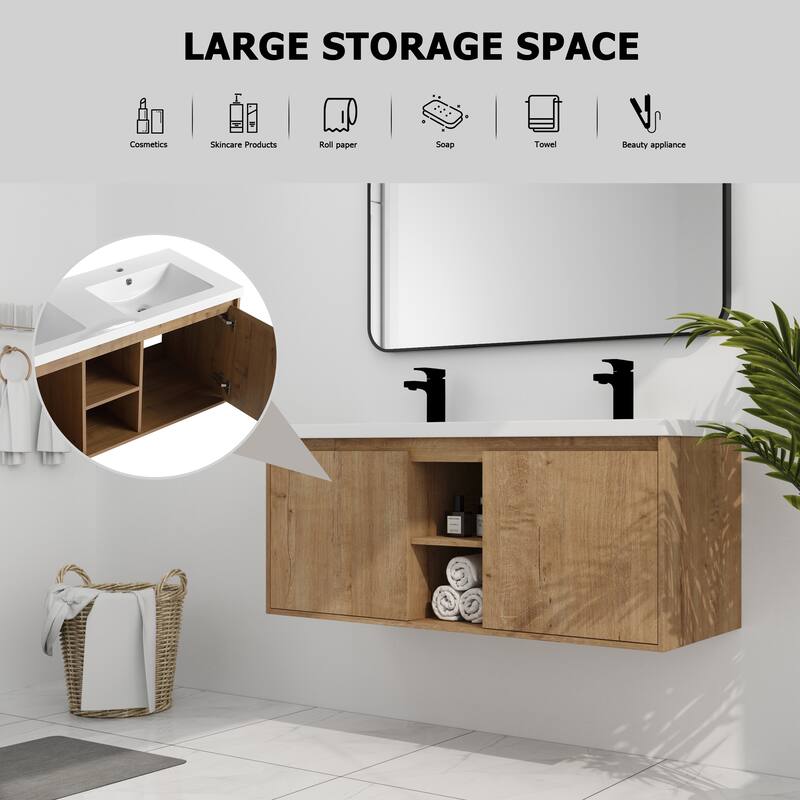 Wall-Mounted Bathroom Vanity with Double Resin Sink, Soft-Closing Doors, and Modern Design for Efficient Storage