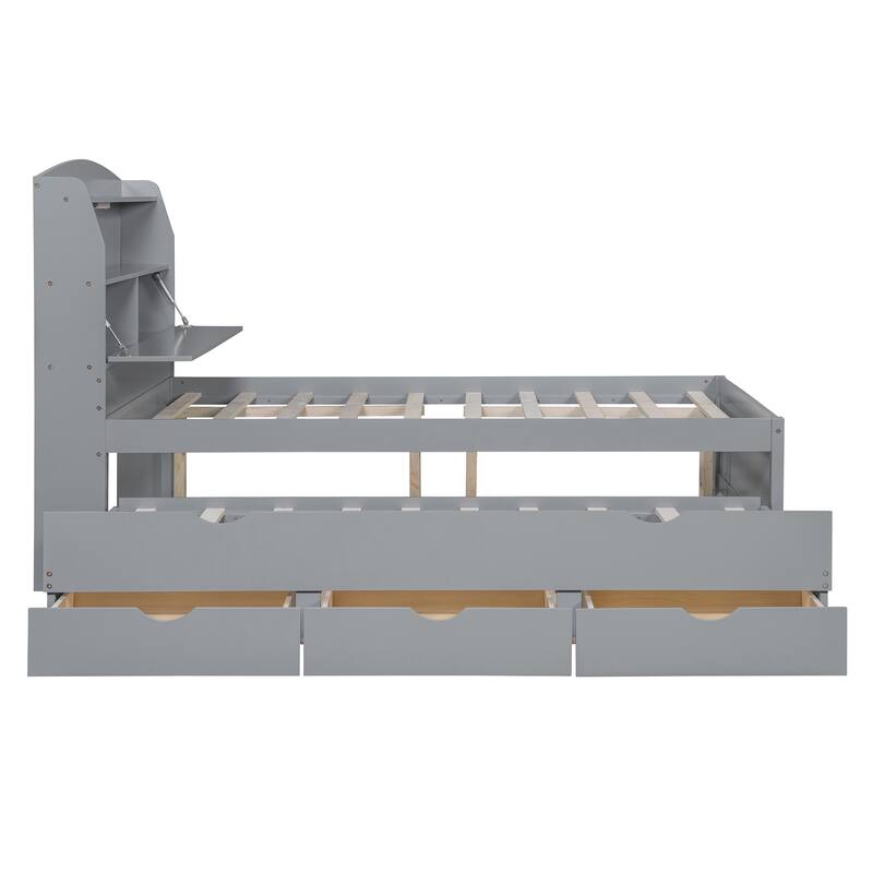 Full Size Wooden LED Platform Bed with Trundle, with Storage Headboard, with Drawers