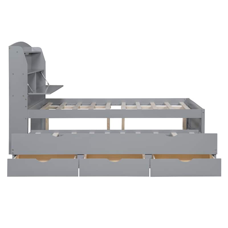Full Size Wooden LED Platform Bed with Trundle & Storage Headboard with Drawers, White