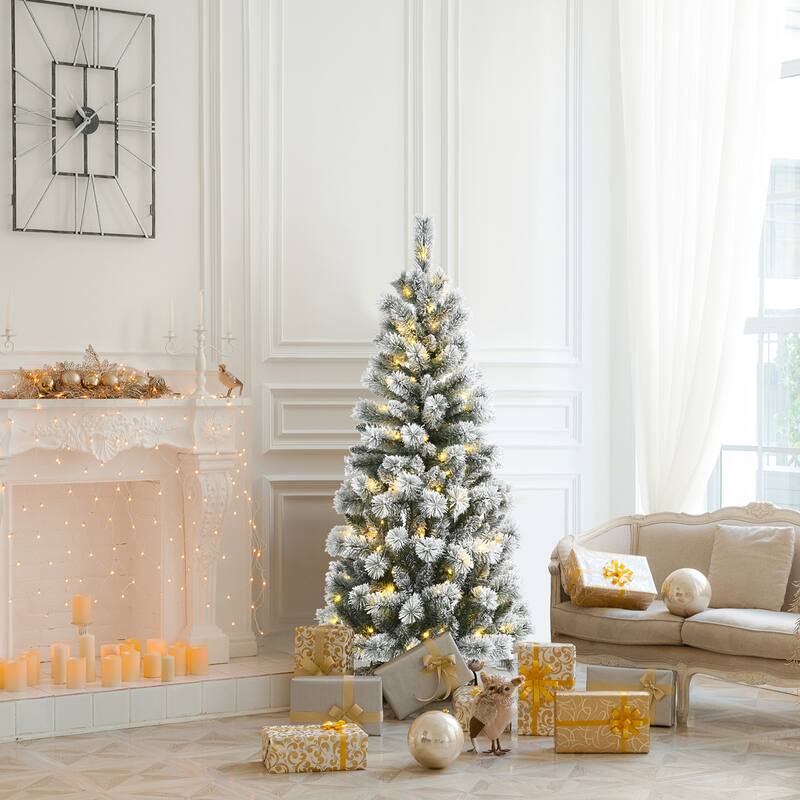 Gymax 5/6/7.5/8 ft Pre-lit Snow Flocked Artificial Christmas Tree w/