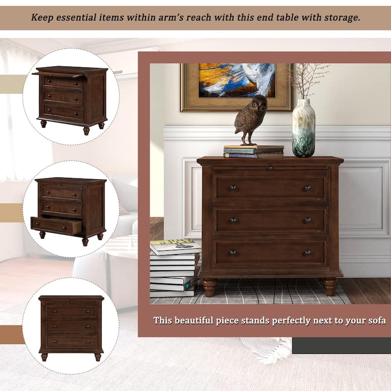 3-Drawer Storage Wood Cabinet, End Table with Pull out Tray