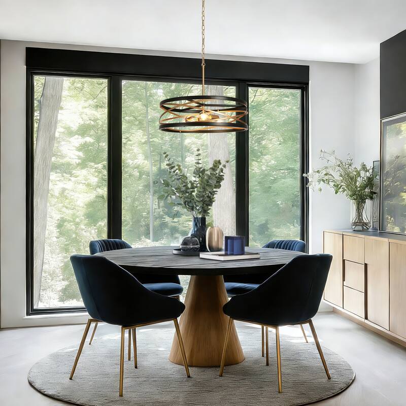 Dsmll Modern Farmhouse 3-Light Drum Chandelier Black Gold Kitchen Island Pendant - D 22" x H 79" Max