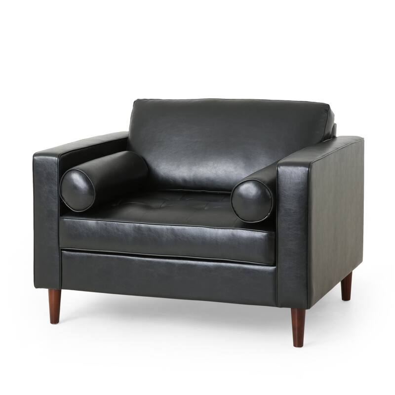 Roomfitters Faux Leather Armchair with Tufted Seat, Round Bolster Pillows and Wooden Legs for Living Room, Black