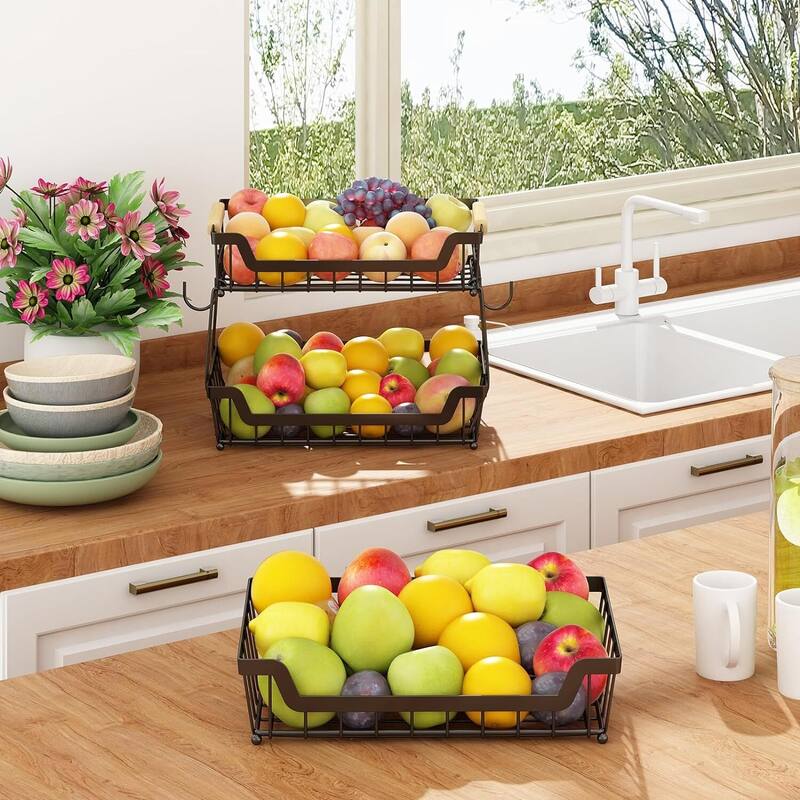3 Tier Countertop Fruit Basket with 2 Banana Hangers for Kitchen