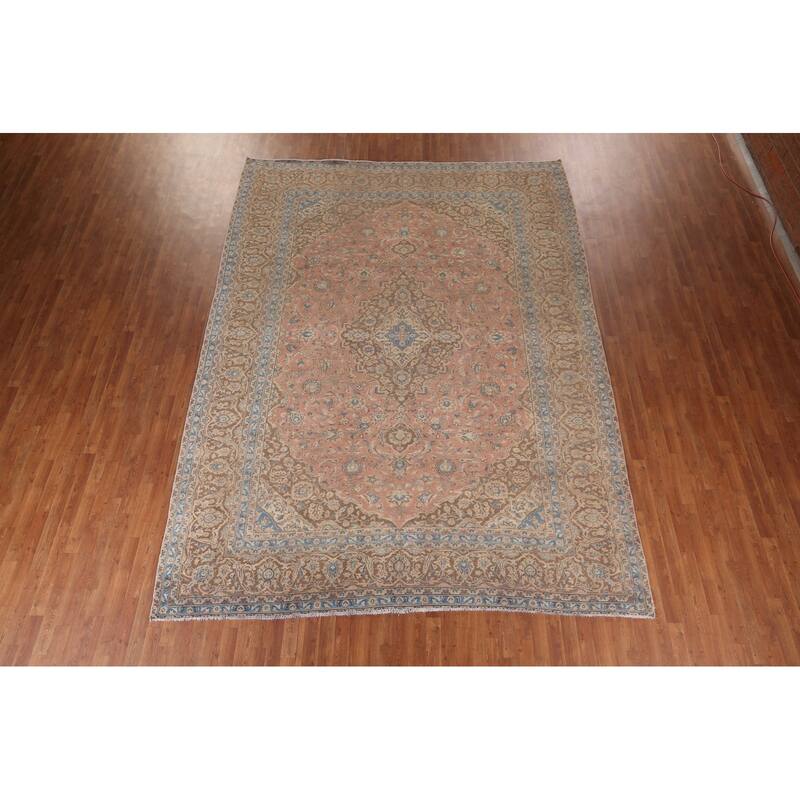 Distressed Mashad Persian Vintage Rug Hand-Knotted Pink Wool Carpet - 9'7"x 12'10"