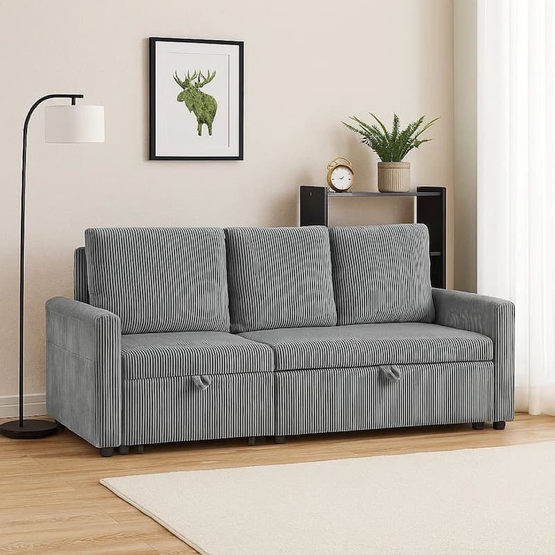Swin Sofa w Pull Out Chaise and Storage, Gray Corduroy, 70 Inch