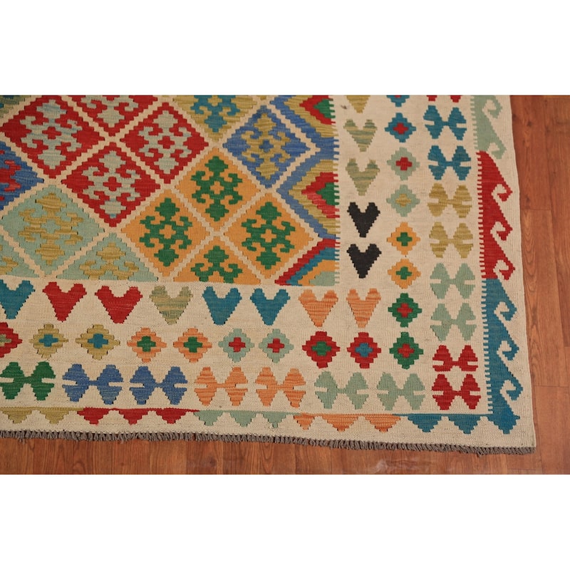 Geometric Trellis Kilim Oriental Rug Hand-Woven Tribal Wool Carpet - 8'9"x 11'4"