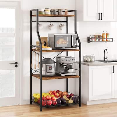 Rustic Kitchen Bakers Rack Microwave Oven Stand with Large Wire Basket - 15.7"D x 23.6"W x 50.7"H
