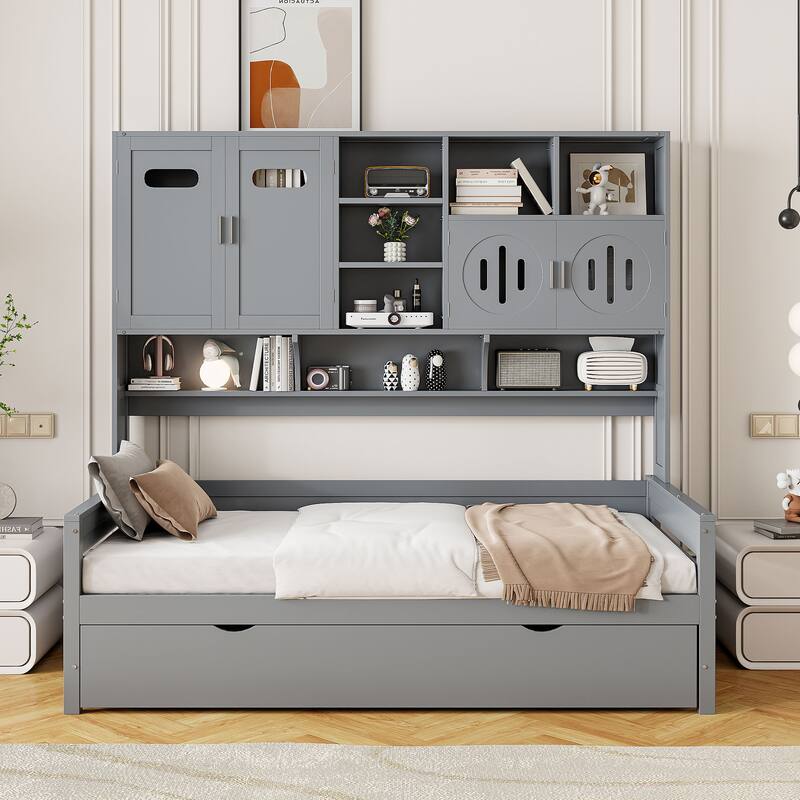 Gray Twin Size Wooden Daybed with Trundle, Cabinet, and Shelf