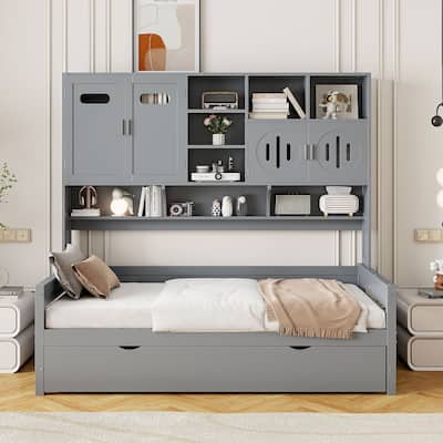 Twin Size Wooden Daybed with Trundle, Storage Cabinet & Shelves,Gray