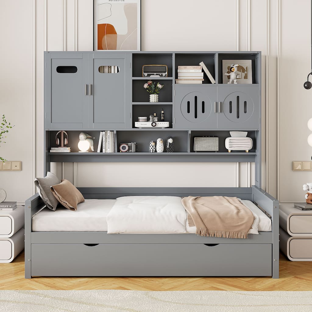 Twin Size Wooden Daybed with Trundle, Storage Cabinet & Shelves,Gray