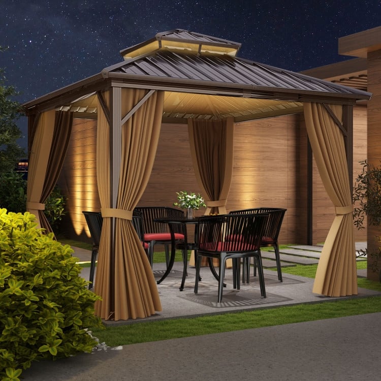 Coffee Galvanized Metal Aluminum Outdoor Gazebo with Mesh and Curtains