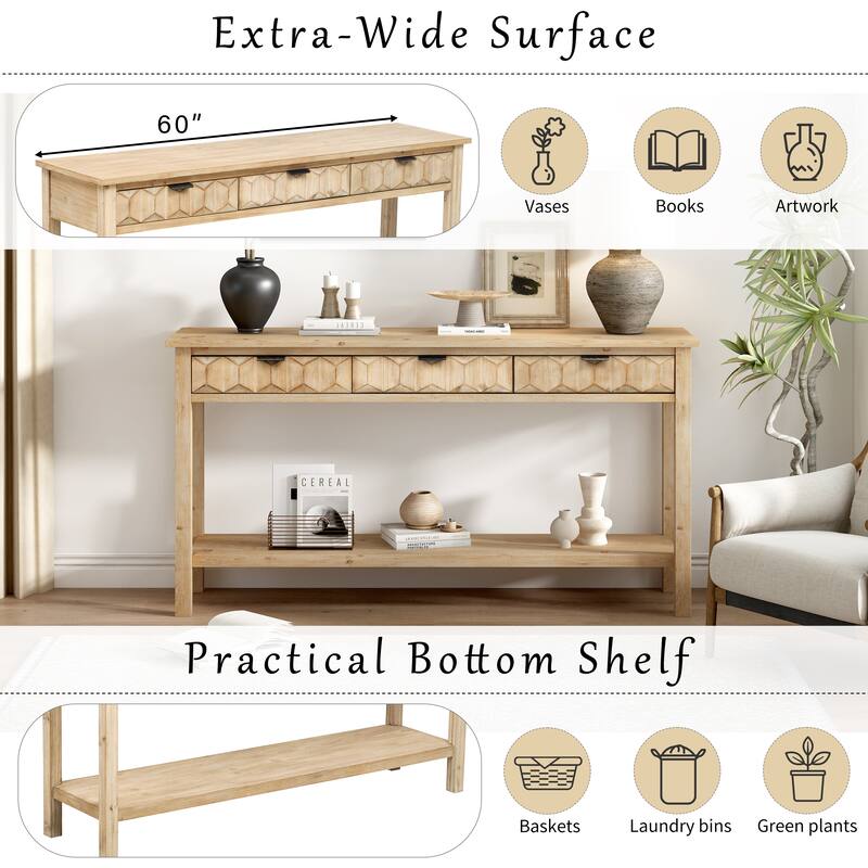 Wooden Console Table Entryway Table with 3 Drawers and Bottom Shelf , 60" Narrow Long Sofa Side Table for Living Room Hallway